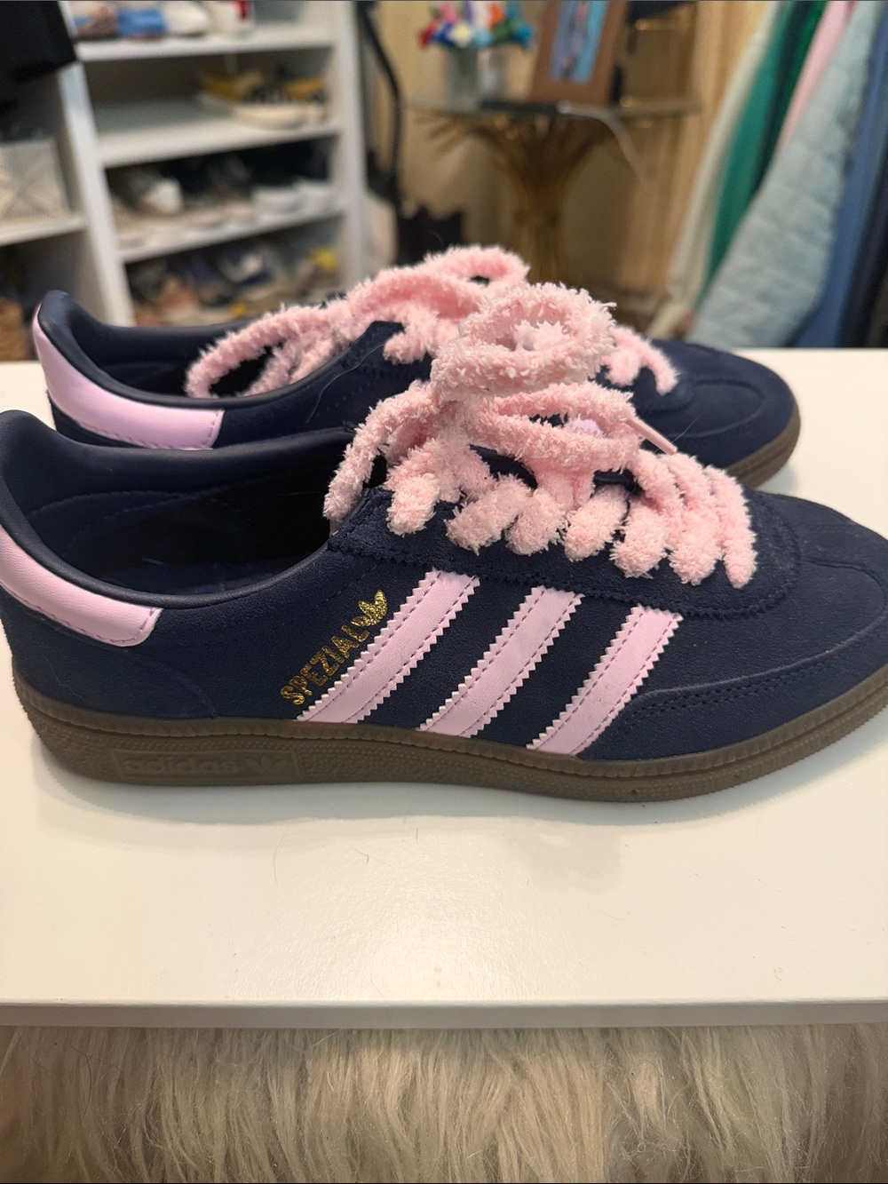 adidas Navy and Pink Gazelle Sneakers with Fuzzy Laces